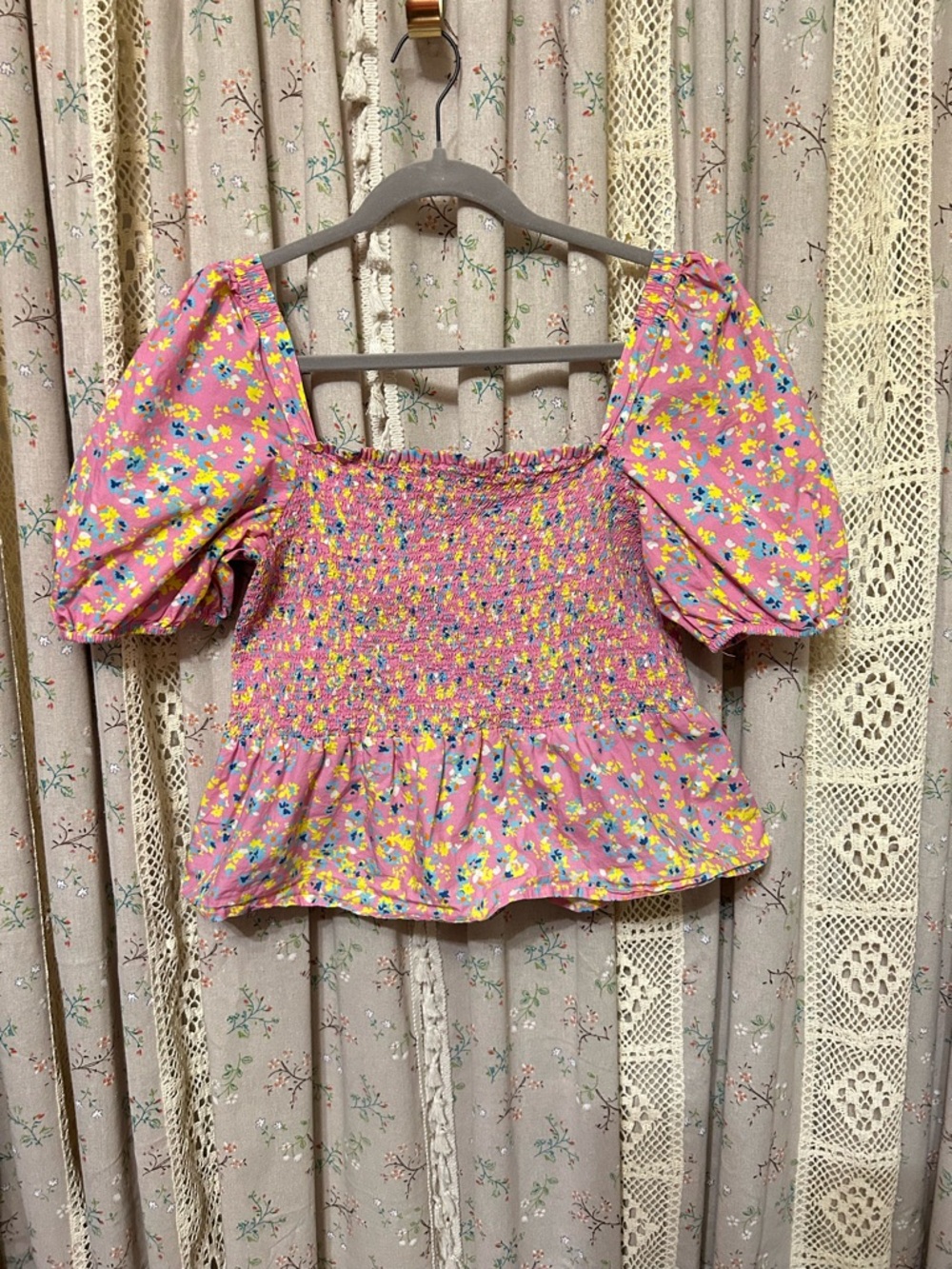 French Connection Smocked Floral Puff Sleeve Peplum Top XL